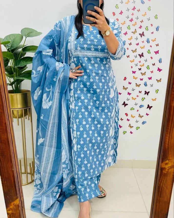 Elegant Sky Blue Floral Printed Cotton Suit Set