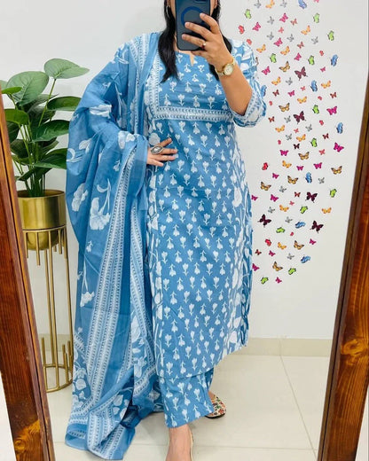 Elegant Sky Blue Floral Printed Cotton Suit Set