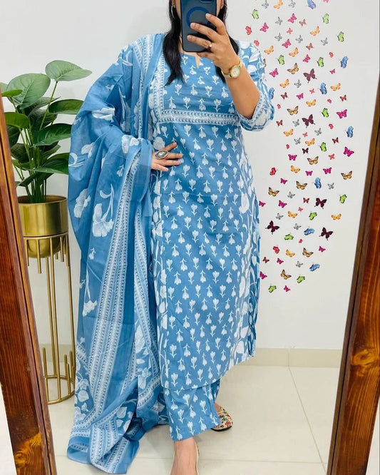 Elegant Sky Blue Floral Printed Cotton Suit Set