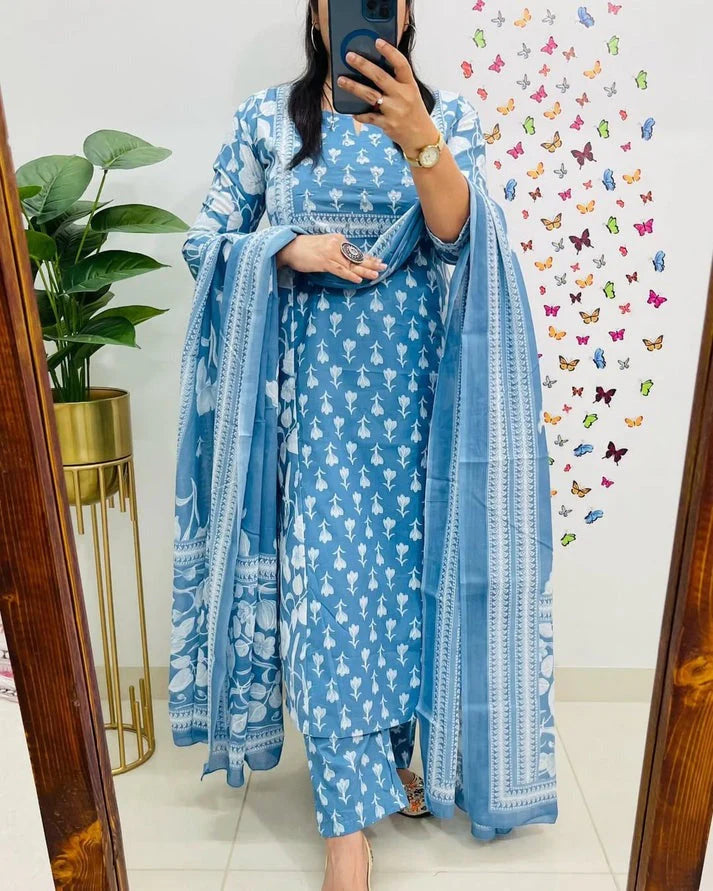 Elegant Sky Blue Floral Printed Cotton Suit Set