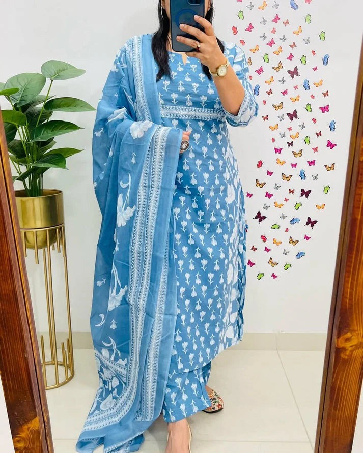 Elegant Sky Blue Floral Printed Cotton Suit Set