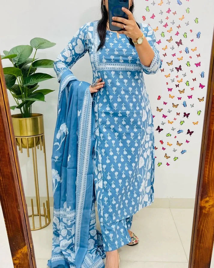Elegant Sky Blue Floral Printed Cotton Suit Set