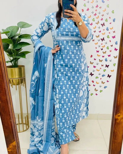 Elegant Sky Blue Floral Printed Cotton Suit Set