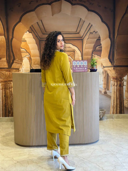 Mustard Yellow Cotton Kurta With White Embroidery