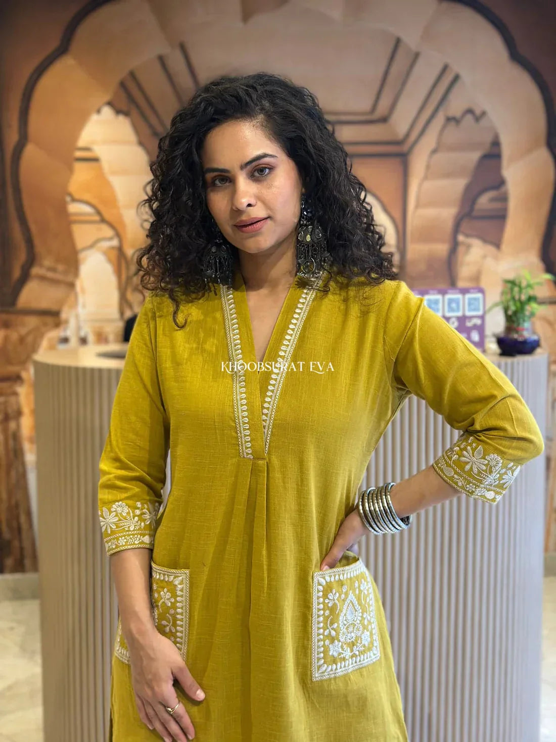 Mustard Yellow Cotton Kurta With White Embroidery