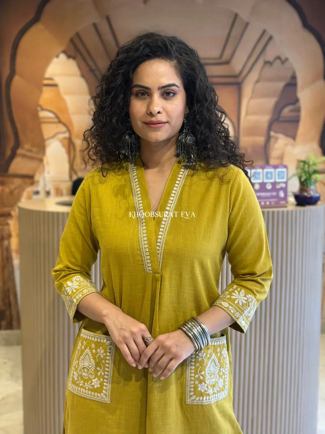 Mustard Yellow Cotton Kurta With White Embroidery