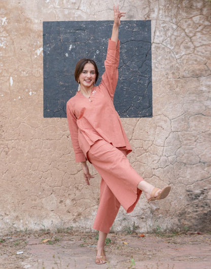 Peach Pink A-Line Kurta with Subtle Embroidery