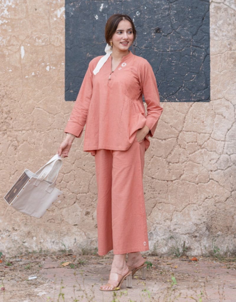 Peach Pink A-Line Kurta with Subtle Embroidery