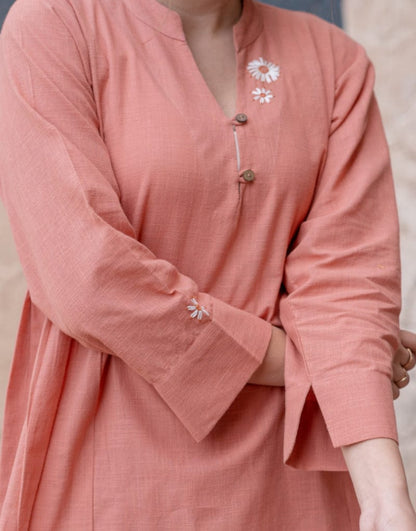 Peach Pink A-Line Kurta with Subtle Embroidery