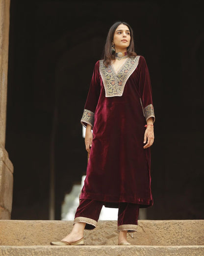 Maroon Velvet Lace Suit Set