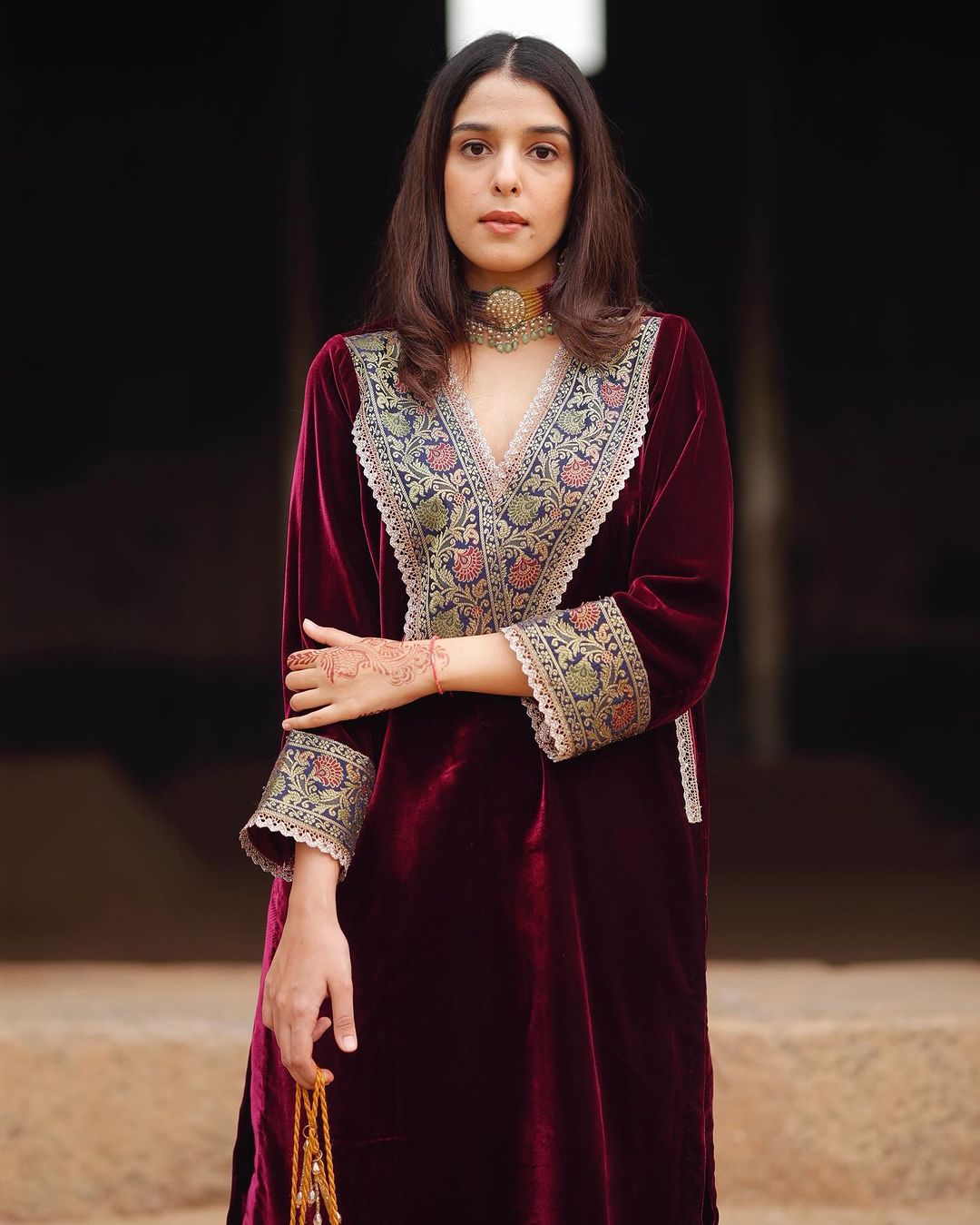 Maroon Velvet Lace Suit Set
