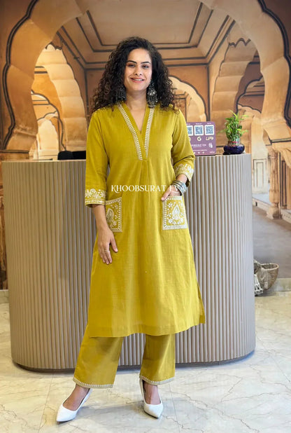 Mustard Yellow Cotton Kurta With White Embroidery