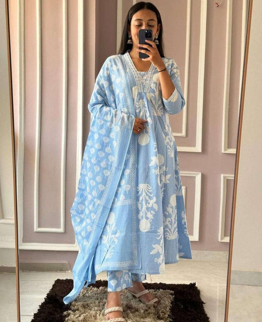 Premium Pure Cotton Kurti With Pant & Dupatta Set