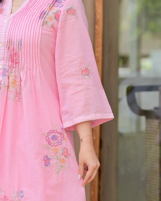 Premium Blush Pink Floral Embroidered A-Line Kurta